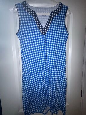 Lands' End Blue and White Gingham Sleeveless Midi Dress with Navy Trim